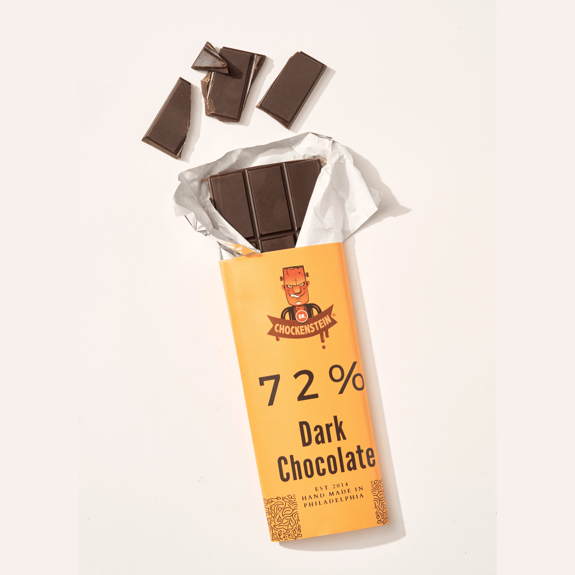 Dr Chockenstein 72% chocolate bar opened